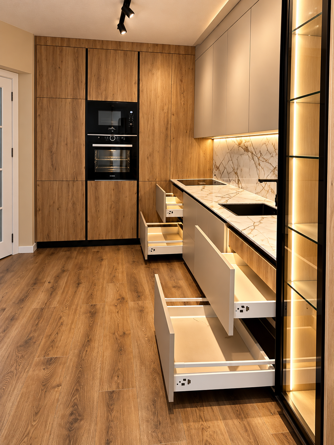 warm luxury galley kitchen with open drawers