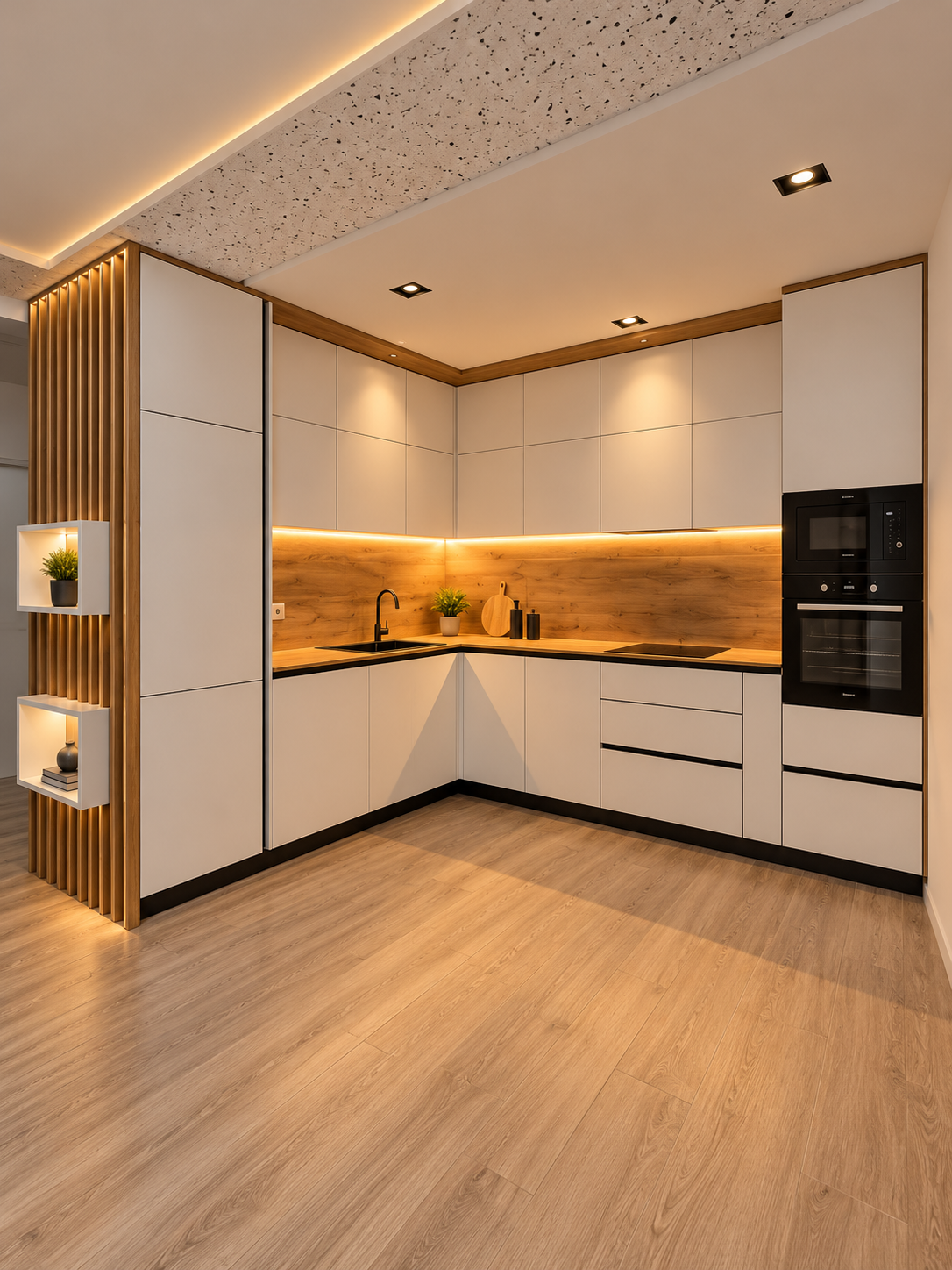 warm minimalist l shaped kitchen (2)